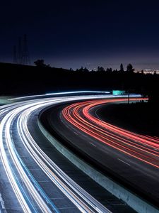 Preview wallpaper road, dark, turn, lights, long exposure