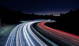 Preview wallpaper road, dark, turn, lights, long exposure