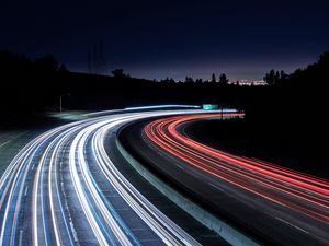 Preview wallpaper road, dark, turn, lights, long exposure