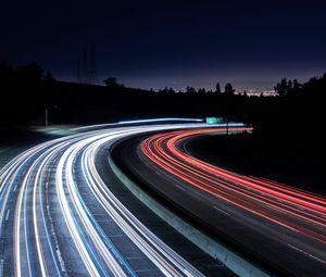 Preview wallpaper road, dark, turn, lights, long exposure