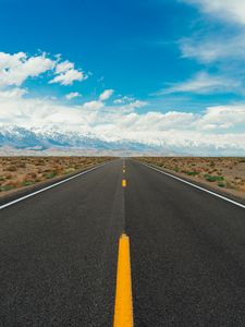 Preview wallpaper road, desert, mountains, horizon, asphalt, distance