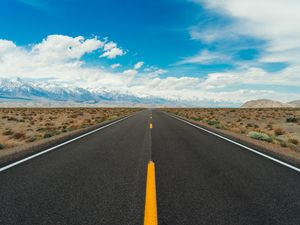 Preview wallpaper road, desert, mountains, horizon, asphalt, distance