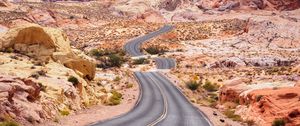 Preview wallpaper road, desert, rocks, asphalt, winding