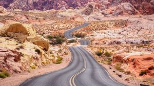 Preview wallpaper road, desert, rocks, asphalt, winding