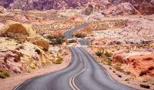 Preview wallpaper road, desert, rocks, asphalt, winding