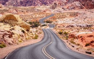 Preview wallpaper road, desert, rocks, asphalt, winding