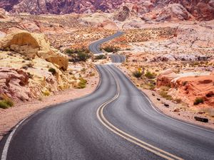Preview wallpaper road, desert, rocks, asphalt, winding