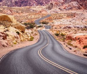 Preview wallpaper road, desert, rocks, asphalt, winding