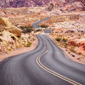 Preview wallpaper road, desert, rocks, asphalt, winding