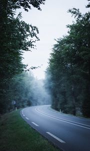 Preview wallpaper road, distance, marking, trees, fog