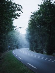 Preview wallpaper road, distance, marking, fog, trees