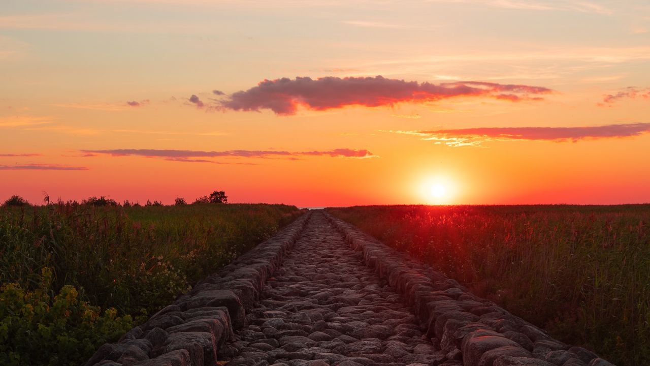 Wallpaper road, distance, sunset, stones, grass