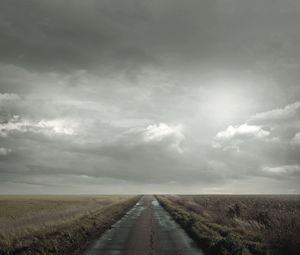 Preview wallpaper road, field, clouds, cloudy, horizon