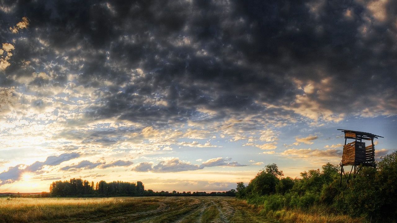 Wallpaper road, field, construction, evening, clouds