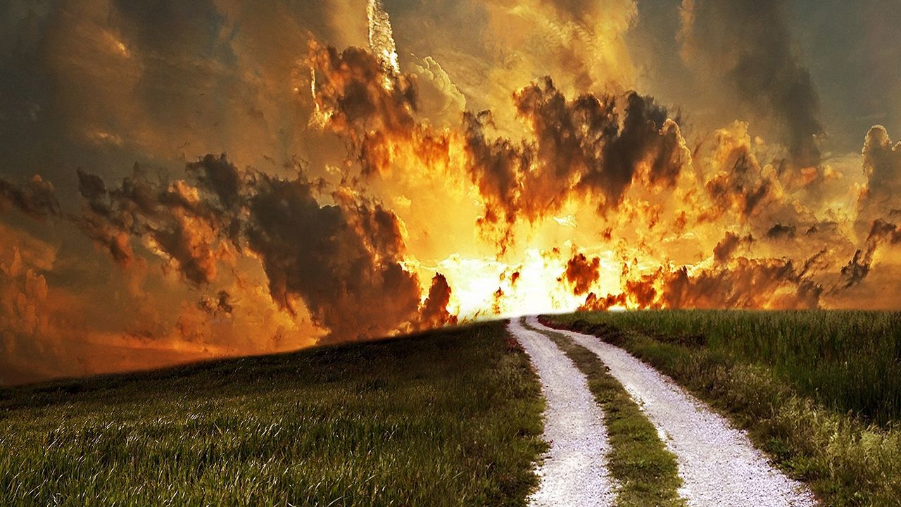 Wallpaper road, field, decline, sky, clouds