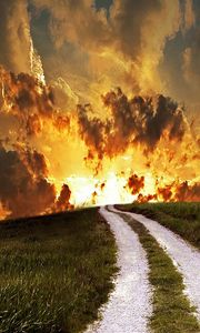 Preview wallpaper road, field, decline, sky, clouds