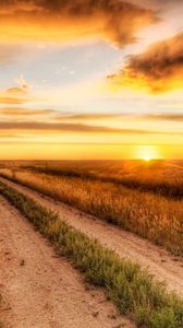 Preview wallpaper road, field, evening, horizon, sun, clouds, sky