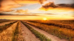 Preview wallpaper road, field, evening, horizon, sun, clouds, sky