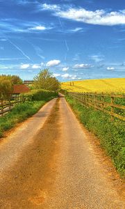 Preview wallpaper road, field, fence, house, landscape