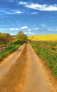 Preview wallpaper road, field, fence, house, landscape