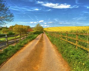 Preview wallpaper road, field, fence, house, landscape