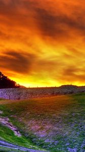 Preview wallpaper road, field, flowers, sky, decline, evening, orange, clouds