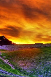 Preview wallpaper road, field, flowers, sky, decline, evening, orange, clouds