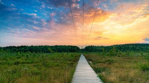 Preview wallpaper road, field, forest, clouds, sunset, nature