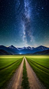 Preview wallpaper road, field, mountains, stars, space, nature