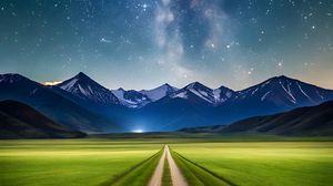 Preview wallpaper road, field, mountains, stars, space, nature