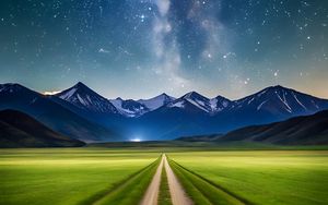 Preview wallpaper road, field, mountains, stars, space, nature
