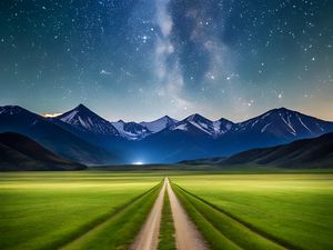 Preview wallpaper road, field, mountains, stars, space, nature