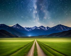 Preview wallpaper road, field, mountains, stars, space, nature