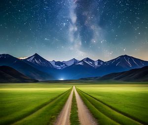 Preview wallpaper road, field, mountains, stars, space, nature