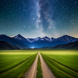 Preview wallpaper road, field, mountains, stars, space, nature
