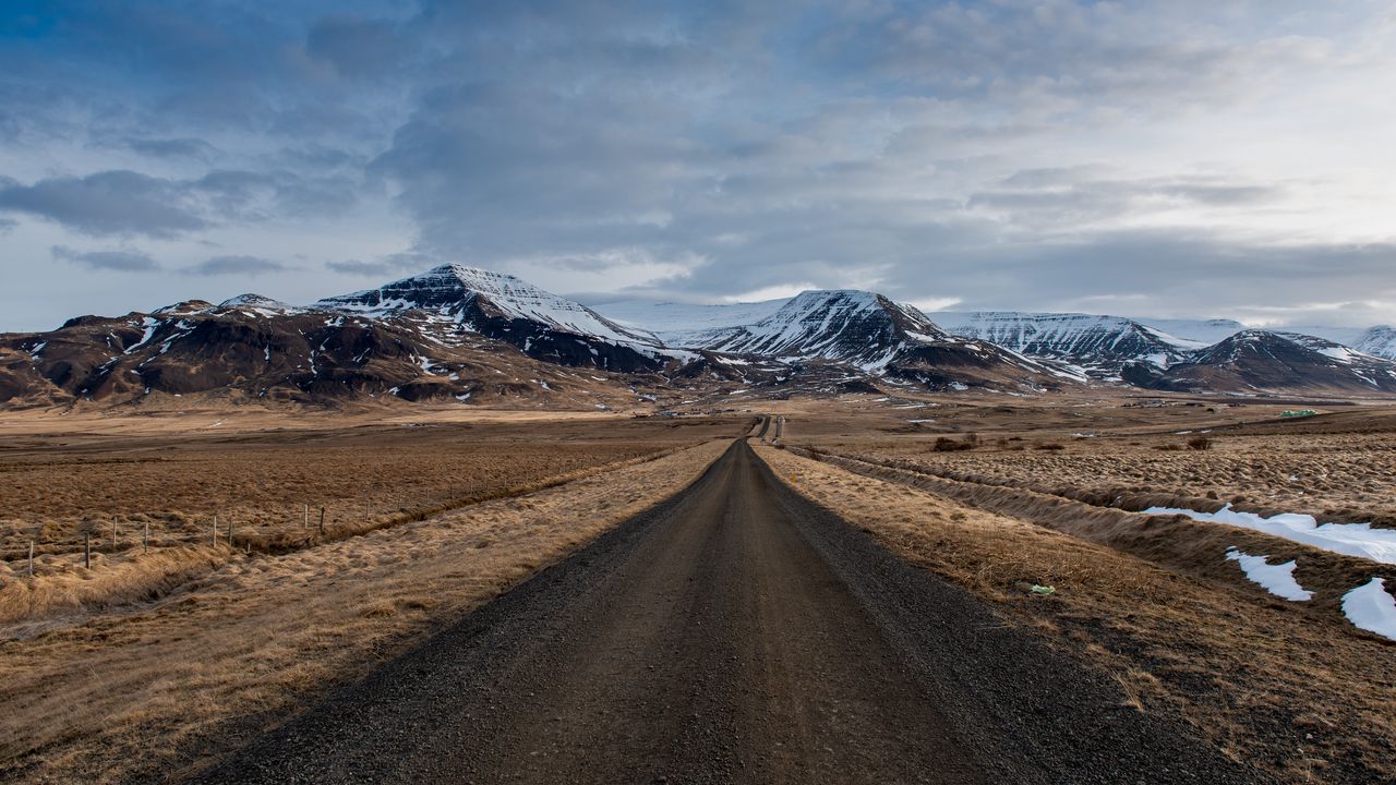 Wallpaper road, field, mountains, snow