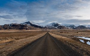 Preview wallpaper road, field, mountains, snow