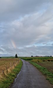 Preview wallpaper road, field, rainbow, sky, nature