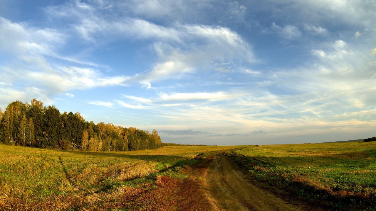 Wallpaper road, field, sky, clouds, blue, country, open spaces, trees, horizon, landscape