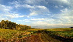 Preview wallpaper road, field, sky, clouds, blue, country, open spaces, trees, horizon, landscape