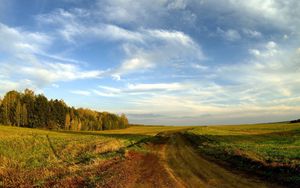 Preview wallpaper road, field, sky, clouds, blue, country, open spaces, trees, horizon, landscape