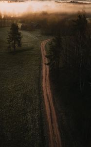 Preview wallpaper road, field, trees, fog, dusk, aerial view