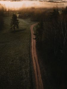 Preview wallpaper road, field, trees, fog, dusk, aerial view