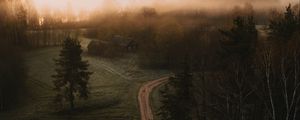 Preview wallpaper road, field, trees, fog, dusk, aerial view
