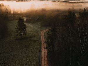 Preview wallpaper road, field, trees, fog, dusk, aerial view