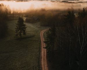 Preview wallpaper road, field, trees, fog, dusk, aerial view