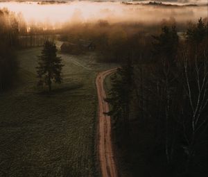 Preview wallpaper road, field, trees, fog, dusk, aerial view