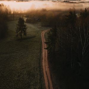 Preview wallpaper road, field, trees, fog, dusk, aerial view