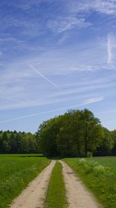 Preview wallpaper road, field, trees, greens, sky, clouds, blue, green