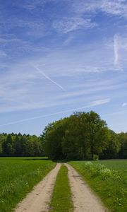 Preview wallpaper road, field, trees, greens, sky, clouds, blue, green